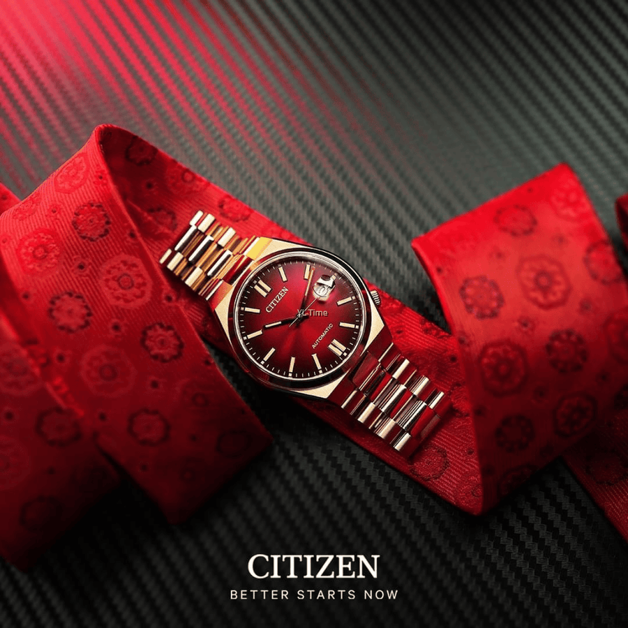 Citizen Tsuyosa Automatic Red Dial Gold Steel Strap Watch For Men - NJ0153-82X
