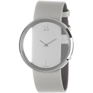 Calvin Klein Glam Transparent Silver Dial Grey Leather Strap Watch for Women - K9423193