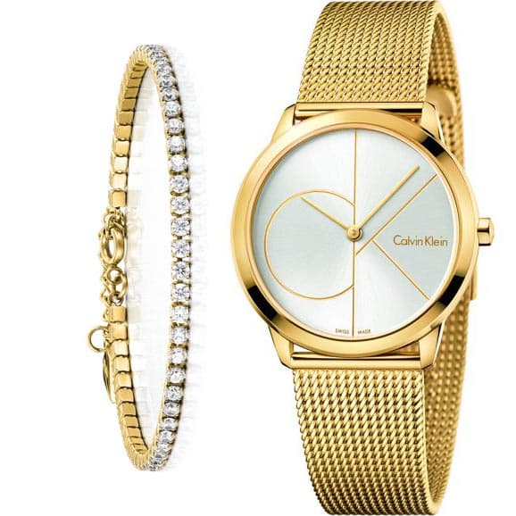 Calvin Klein Minimal Silver Dial Gold Mesh Bracelet Watch for Women - K3M22526
