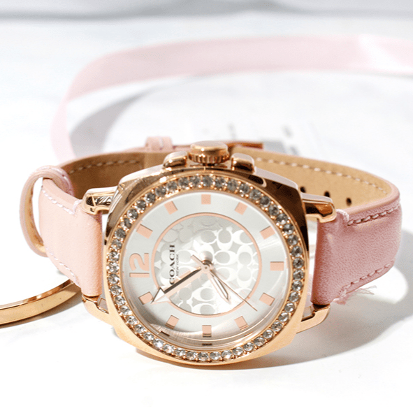 Coach Boyfriend Mother of Pearl White Dial Pink Leather Strap Watch for Women - 14503151