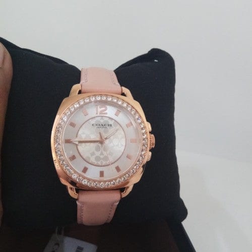 Coach Boyfriend Mother of Pearl White Dial Pink Leather Strap Watch for Women - 14503151
