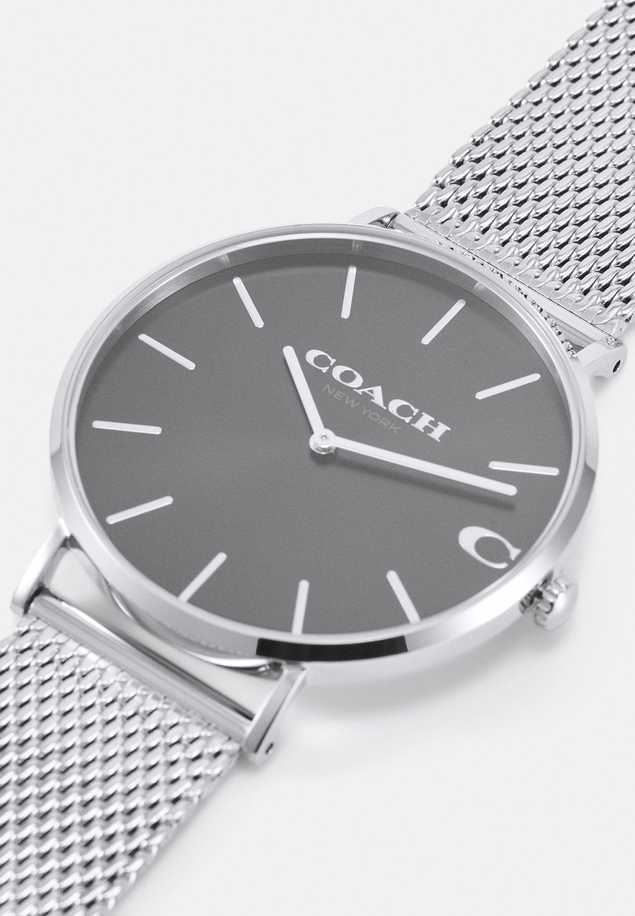 Coach Charles Black Dial Silver Mesh Bracelet Watch for Men - 14602144