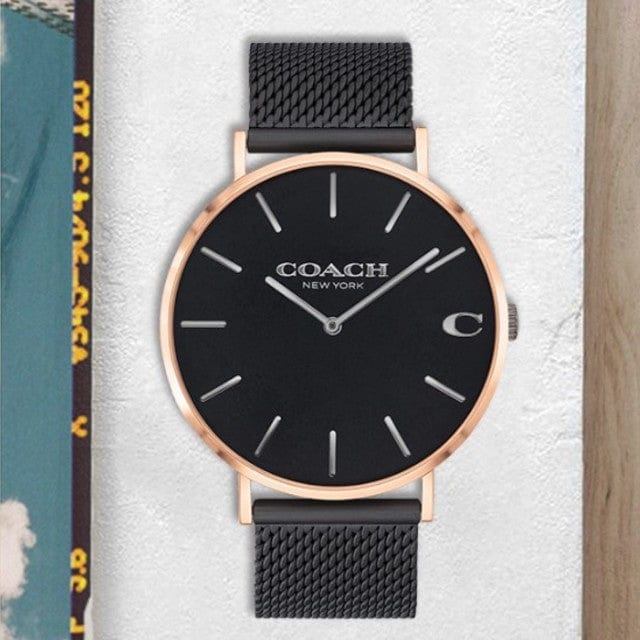 Coach Charles Black Ion Dial Black Mesh Bracelet Watch for Men - 14602470