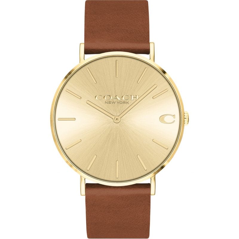 Coach Charles Gold Dial Brown Leather Strap Watch for Women - 14602433