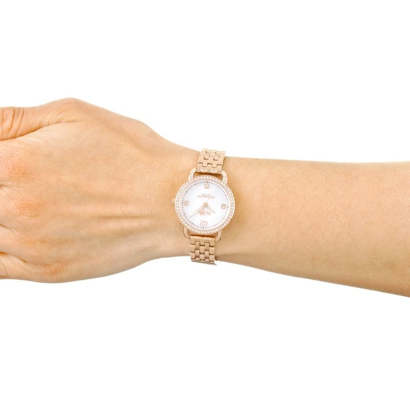 Coach Delancey Mother of Pearl White Dial Rose Gold Steel Strap Watch for Women - 14502479