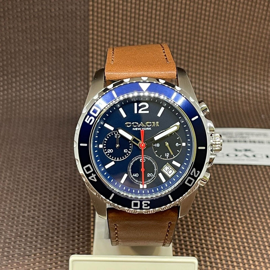 Coach Kent Chronograph Blue Dial Brown Leather Strap Watch for Men - 14602560