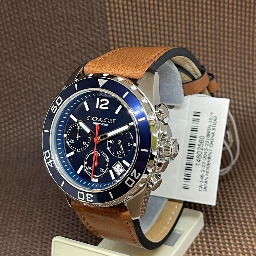 Coach Kent Chronograph Blue Dial Brown Leather Strap Watch for Men - 14602560