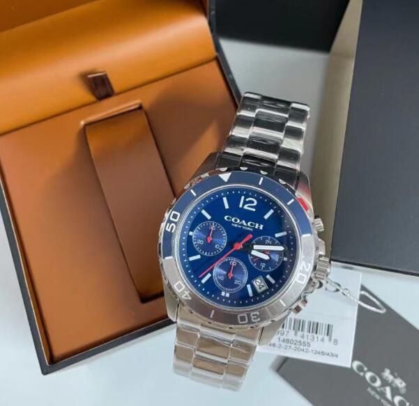 Coach Kent Chronograph Blue Dial Silver Steel Strap Watch for Men - 14602555