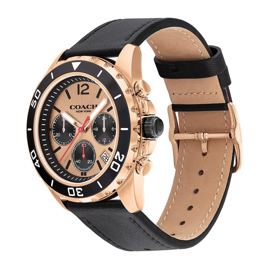 Coach Kent Chronograph Rose Gold Dial Black Leather Strap Watch for Men - 14602559