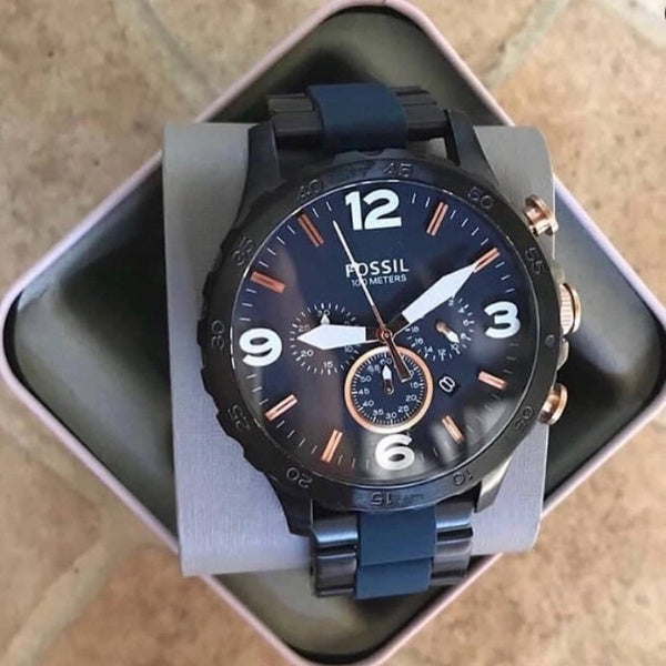 Fossil Nate Chronograph Blue Dial Two Tone Steel Strap Watch for Men - JR1494