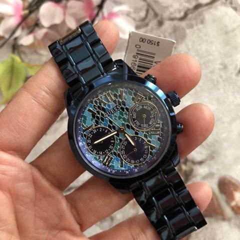 Guess Sunrise Multifunction Blue Dial Blue Steel Strap Watch for Women - W0448L10