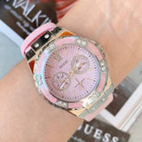 Guess Limelight Quartz Diamonds Pink Dial Pink Denim Strap Watch For Women - W0775l15