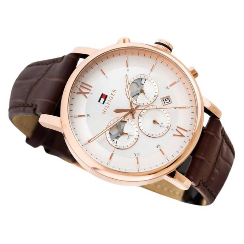 Tommy Hilfiger Evan White Dial Brown Leather Strap Watch for Men - 1710394