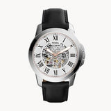 Fossil Grant Automatic Skeleton White Dial Black Leather Strap Watch for Men - ME3101