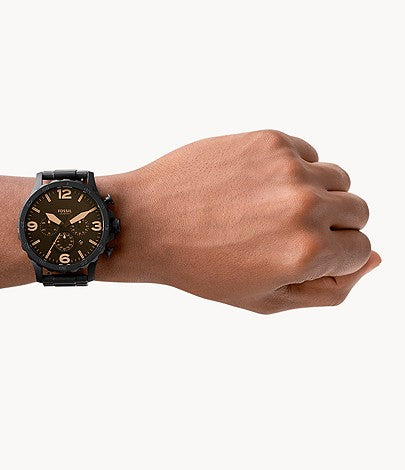 Fossil Nate Chrongraph Ion Plated Black Dial Black Steel Strap Watch for Men - JR1356