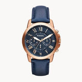 Fossil Grant Chronograph Blue Dial Blue Leather Strap Watch for Men - FS4835