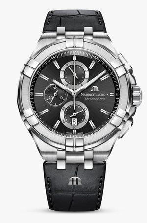 Maurice Lacroix Aikon Chronograph Black Dial Black Leather Strap Watch for Men - AI1018-SS001-330-1