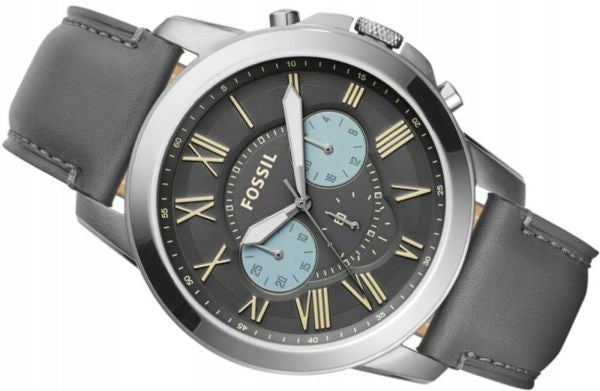 Fossil Grant Chronograph Gunmetal Grey Dial Grey Leather Strap Watch for Men - FS5183