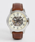 Fossil Grant Automatic Beige Skeleton Dial Brown Leather Strap Watch for Men - ME3099