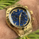 Versace Classic Chronograph Quartz Blue Dial Gold Steel Strap Watch For Men - VEV700619