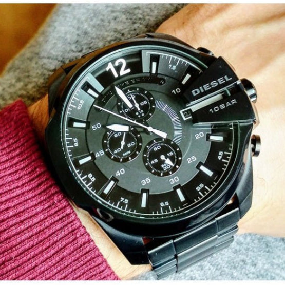 Diesel Mega Chief Chronograph Black Dial Black Steel Strap Watch For Men - DZ4283