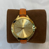 Michael Kors Runway Quartz Gold Dial Orange Leather Strap Watch For Women - MK2275