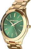 Michael Kors Slim Runway Green Dial Gold Steel Strap Watch for Women - MK3435