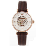 Emporio Armani Meccanico Skeleton Mother of Pearl Dial Brown Leather Strap Watch For Women - AR1993