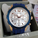 Guess Caliber Chronograph White Dial Blue Silicone Strap Watch for Men - W0864G5