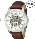 Fossil Grant Automatic White Dial Brown Leather Strap Watch for Men - ME3052