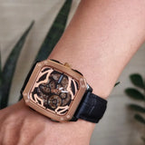 Fossil Inscription Automatic Skeleton Rose Gold Dial Black Leather Strap Watch for Men - BQ2572