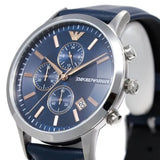 Emporio Armani Renato Chronograph Blue Dial Black Leather Strap Watch For Men - AR11216