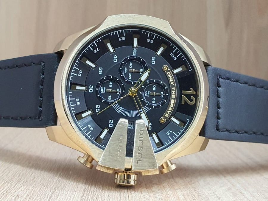 Diesel Mega Chief Chronograph Black Dial Black Leather Strap Watch For Men - DZ4344