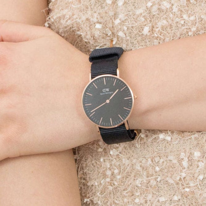 Daniel Wellington Classic Cornwall Black Dial Black NATO Strap Watch For Women - DW00100150