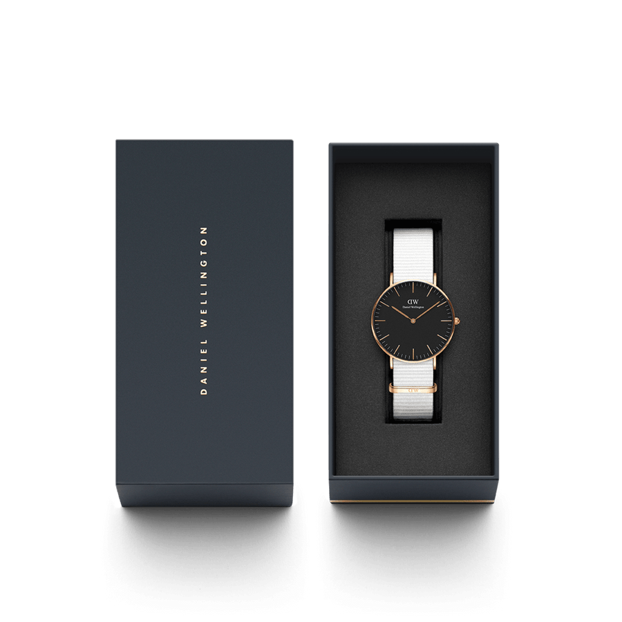 Daniel Wellington Classic Dover Black Dial White Nylon Strap Watch For Women - DW00100310