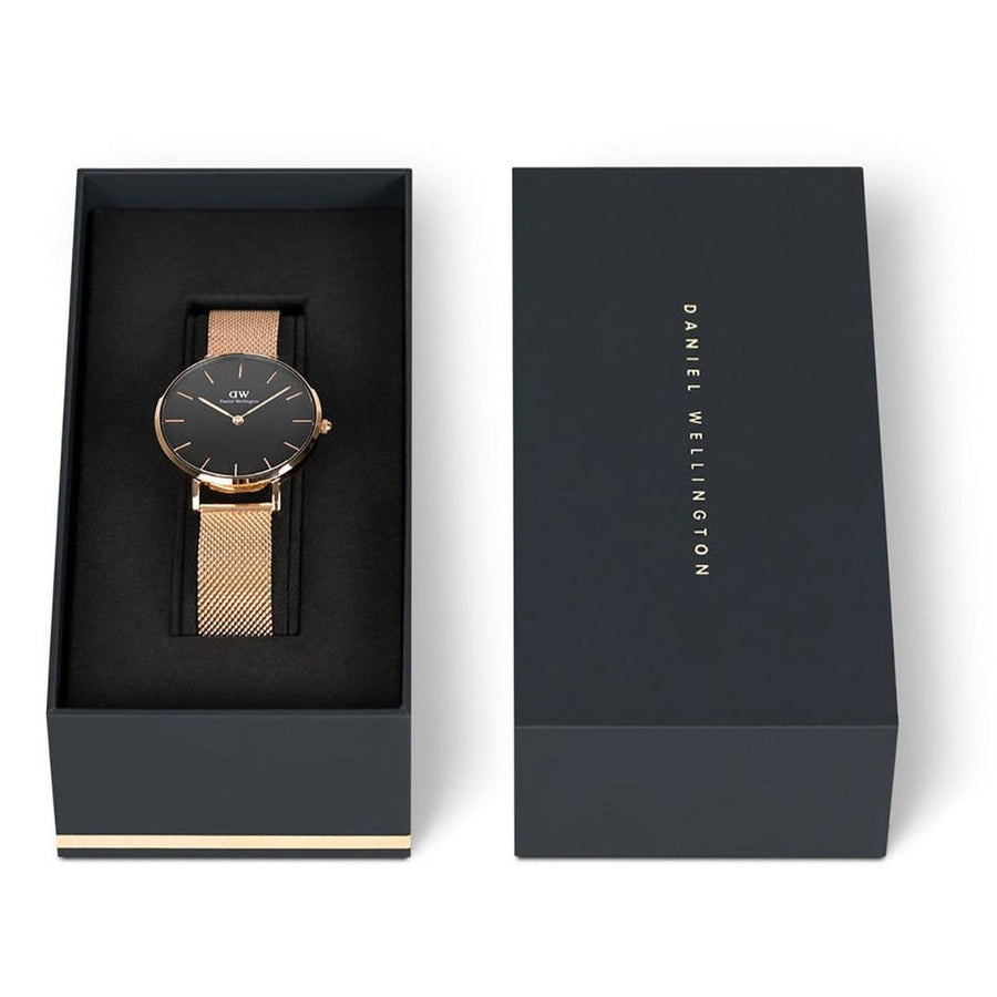 Daniel Wellington Classic Melrose Black Dial Rose Gold Mesh Bracelet Watch For Women - DW00100161