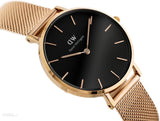 Daniel Wellington Classic Melrose Black Dial Rose Gold Mesh Bracelet Watch For Women - DW00100161