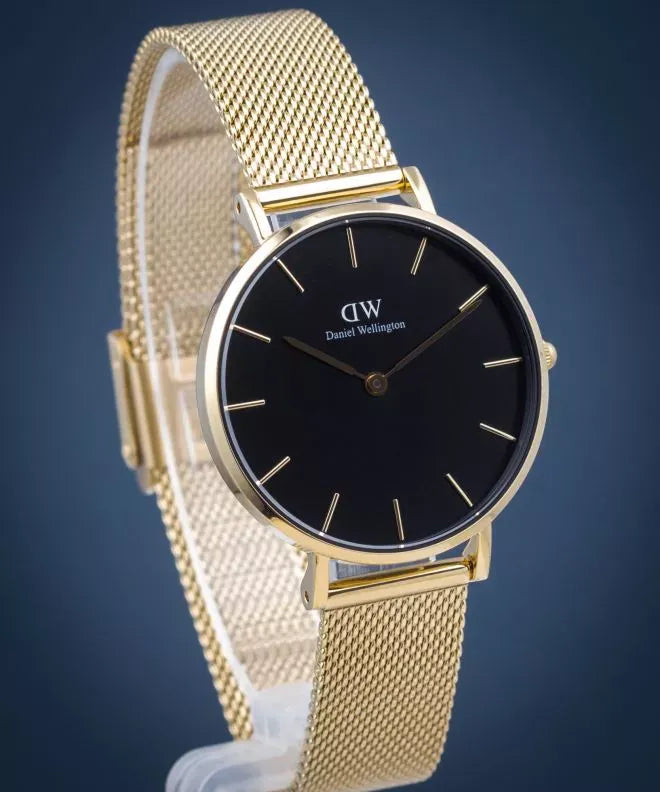 Daniel Wellington Classic Petite Black Dial Gold Mesh Bracelet Watch For Women - DW00100347