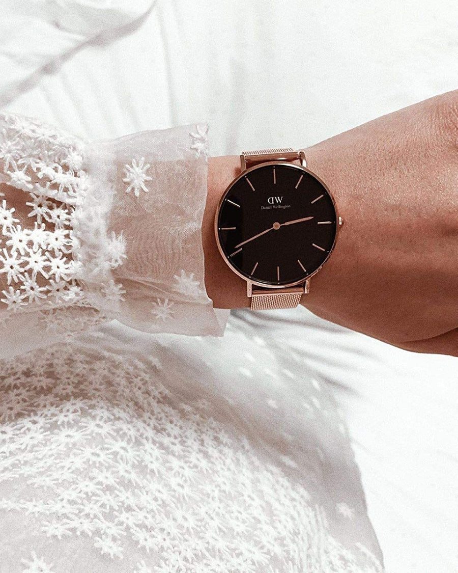Daniel Wellington Classic Petite Black Dial Gold Mesh Bracelet Watch For Women - DW00100347