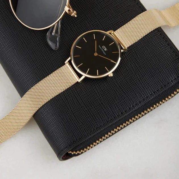 Daniel Wellington Classic Petite Black Dial Gold Mesh Bracelet Watch For Women - DW00100347