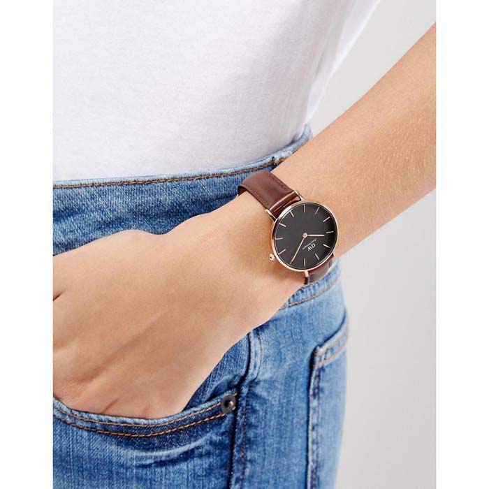 Daniel Wellington Classic Petite Bristol Black Dial Brown Leather Strap Watch For Women - DW00100165