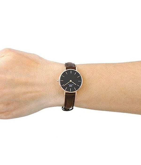 Daniel Wellington Classic Petite Bristol Black Dial Brown Leather Strap Watch For Women - DW00100221