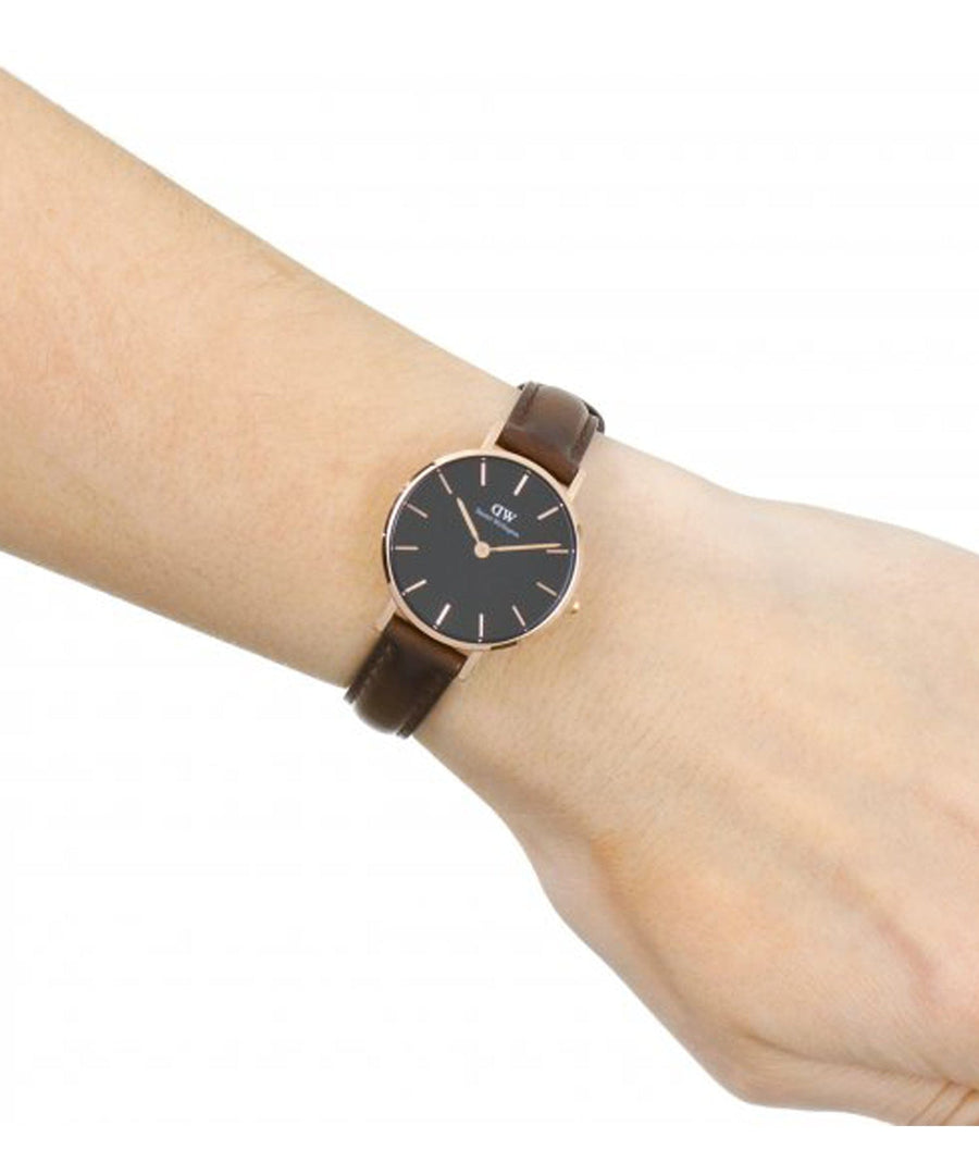 Daniel Wellington Classic Petite Bristol Black Dial Brown Leather Strap Watch For Women - DW00100221