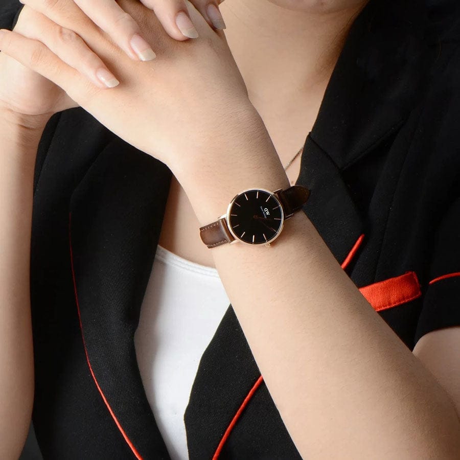 Daniel Wellington Classic Petite Bristol Black Dial Brown Leather Strap Watch For Women - DW00100221