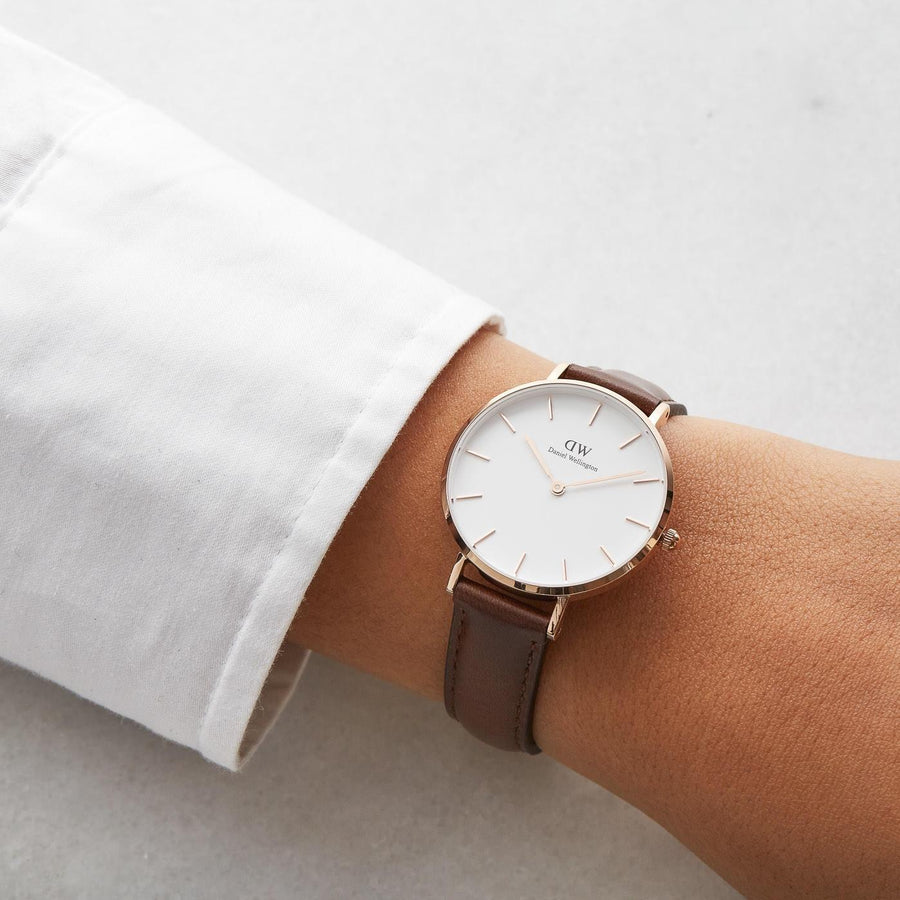 Daniel Wellington Classic Petite Bristol White Dial Brown Leather Strap Watch For Women - DW00100171