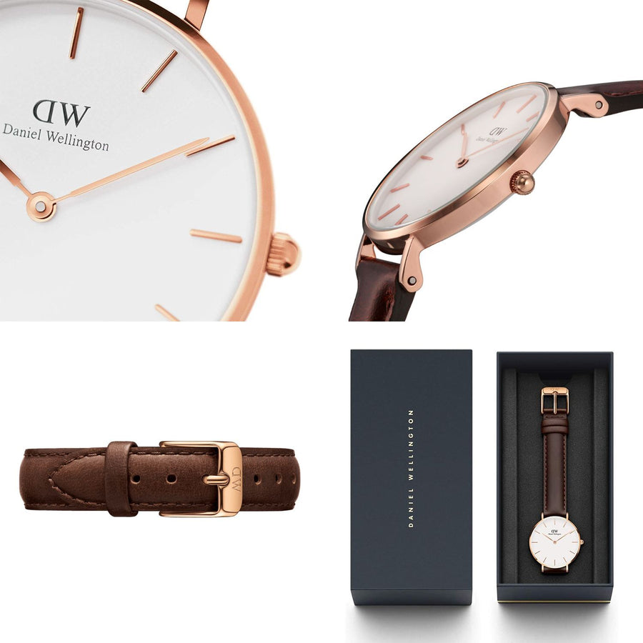 Daniel Wellington Classic Petite Bristol White Dial Brown Leather Strap Watch For Women - DW00100171