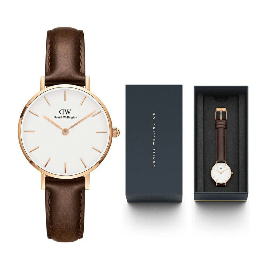 Daniel Wellington Classic Petite Bristol White Dial Brown Leather Strap Watch For Women - DW00100227