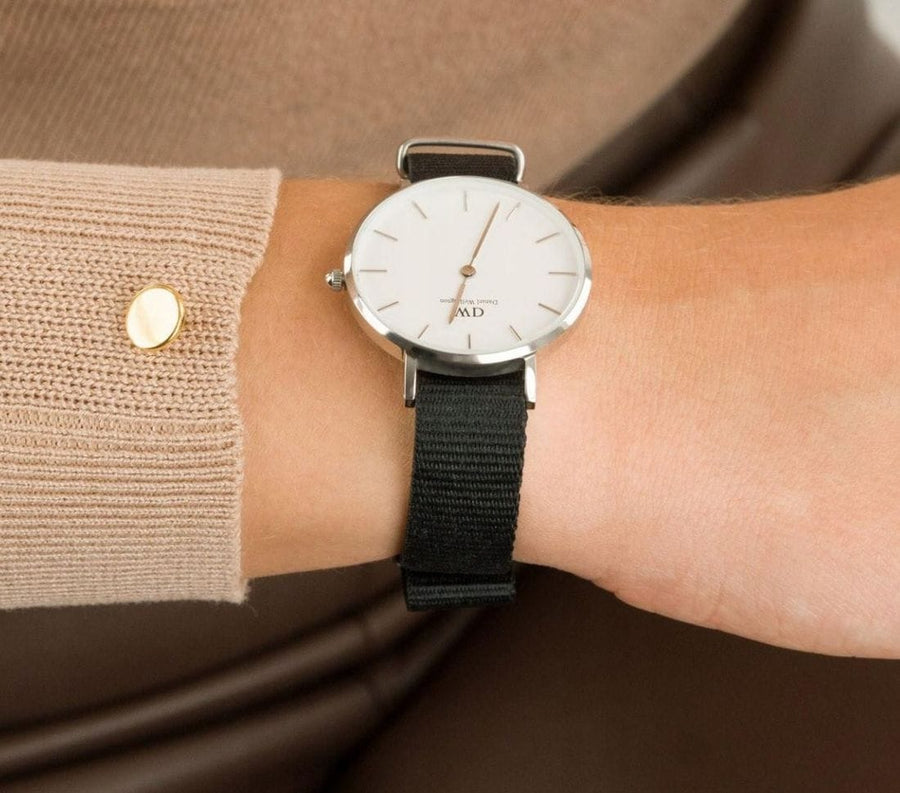 Daniel Wellington Classic Petite Cornwall White Dial Black NATO Strap Watch For Women - DW00100254