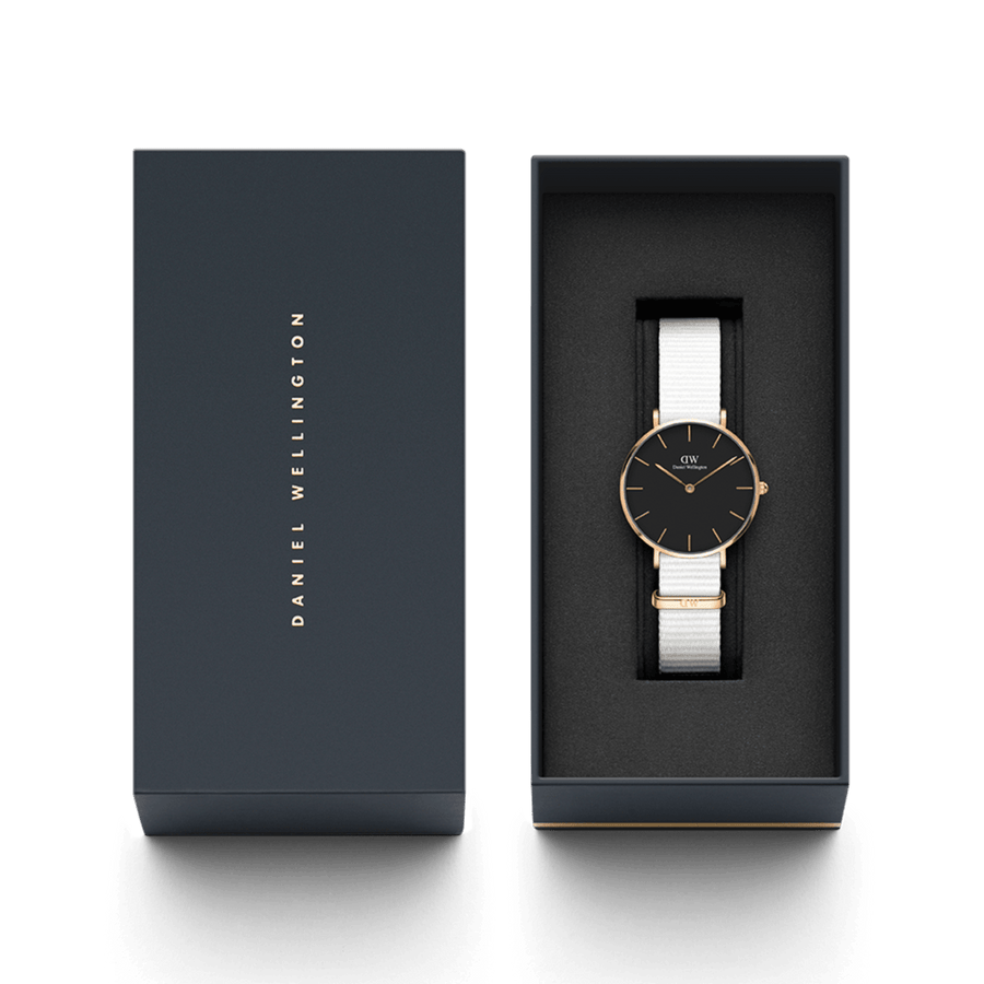 Daniel Wellington Classic Petite Dover Black Dial White NATO Strap Watch For Women - DW001000314