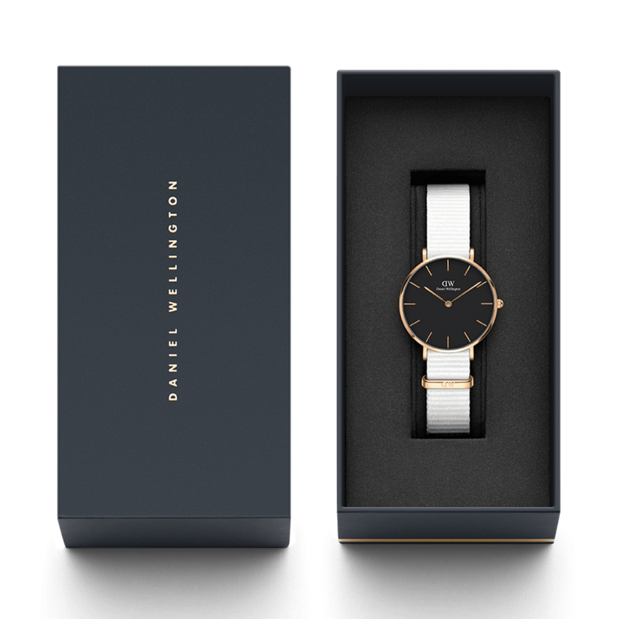Daniel Wellington Classic Petite Dover Black Dial White NATO Strap Watch For Women - DW00100312
